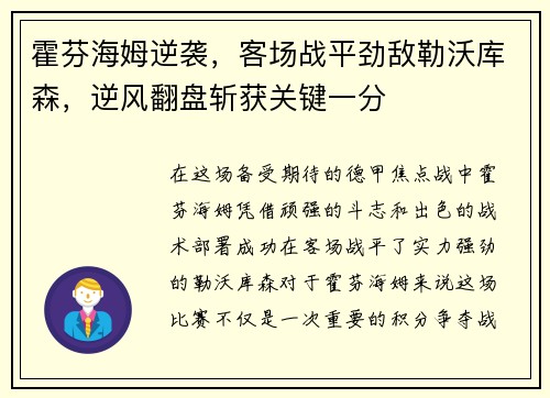 霍芬海姆逆袭，客场战平劲敌勒沃库森，逆风翻盘斩获关键一分