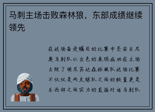 马刺主场击败森林狼，东部成绩继续领先